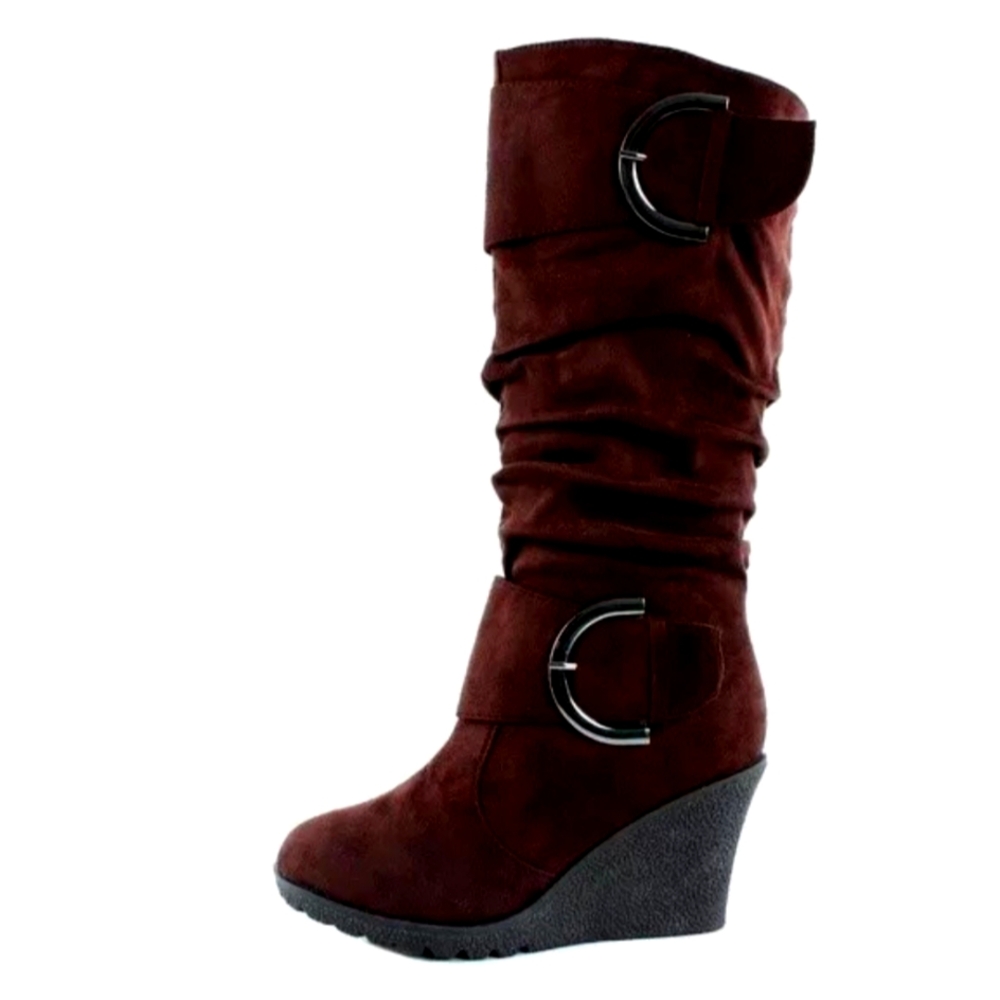 Top Moda Pure-2 Women's Large Buckles Slouch Below Knee Wedge Heel Boots